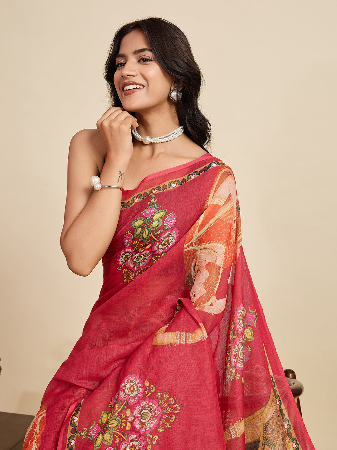 Regal Maroon Linen Saree | Woven Border & Digital Print Splendor