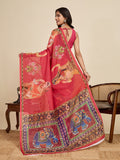 Regal Maroon Linen Saree | Digital Print with Woven Jari Border