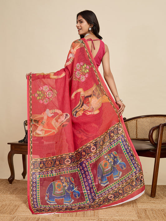 Regal Maroon Linen Saree | Digital Print with Woven Jari Border