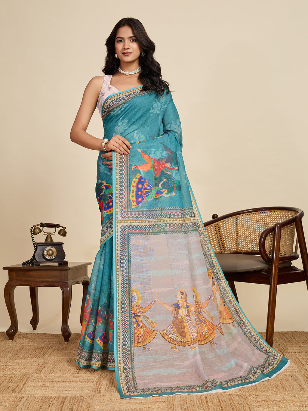 Serene Blue Linen Saree | Digital Print with Woven Jari Border
