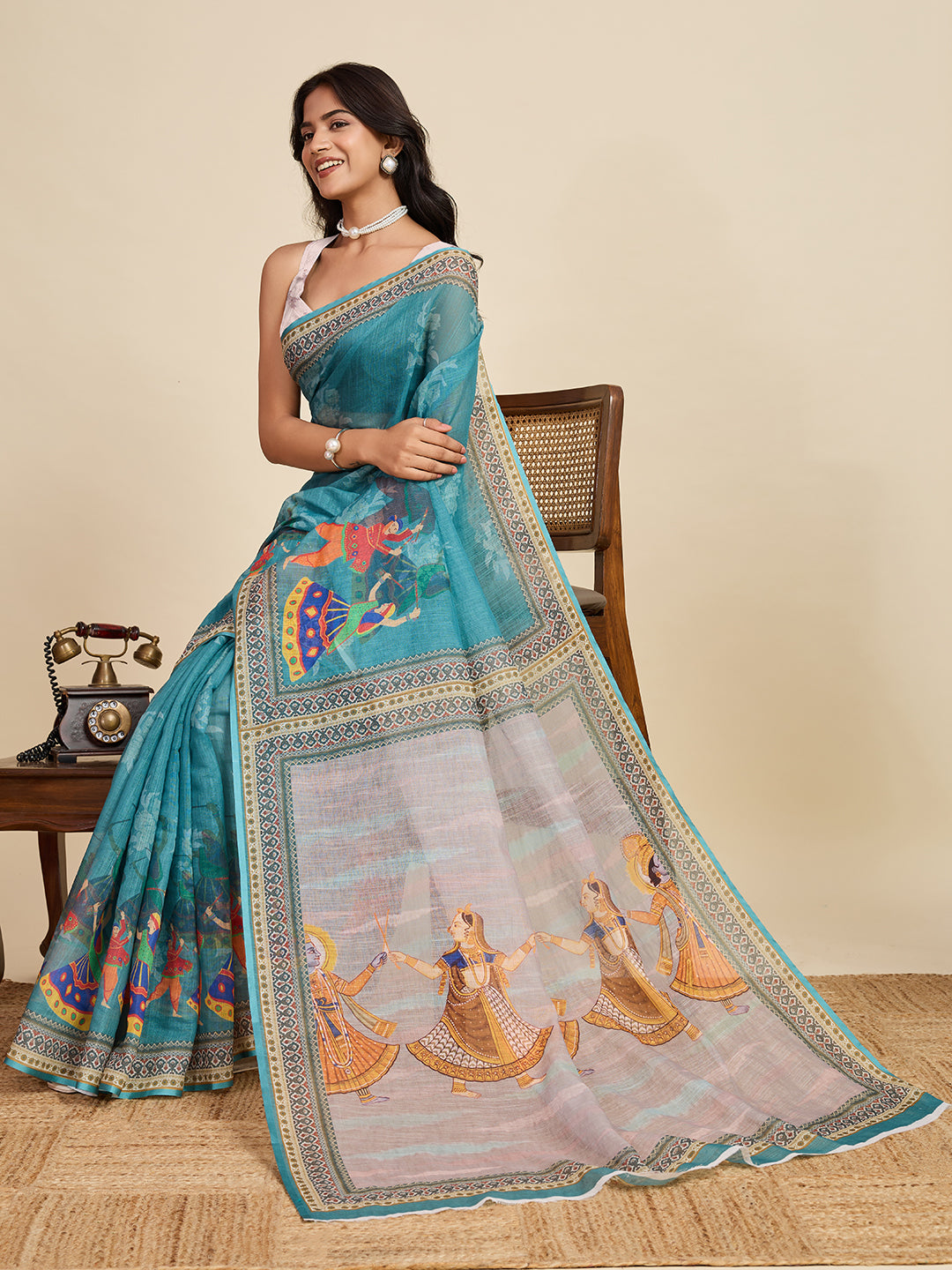 Serene Blue Linen Saree | Digital Print with Woven Jari Border