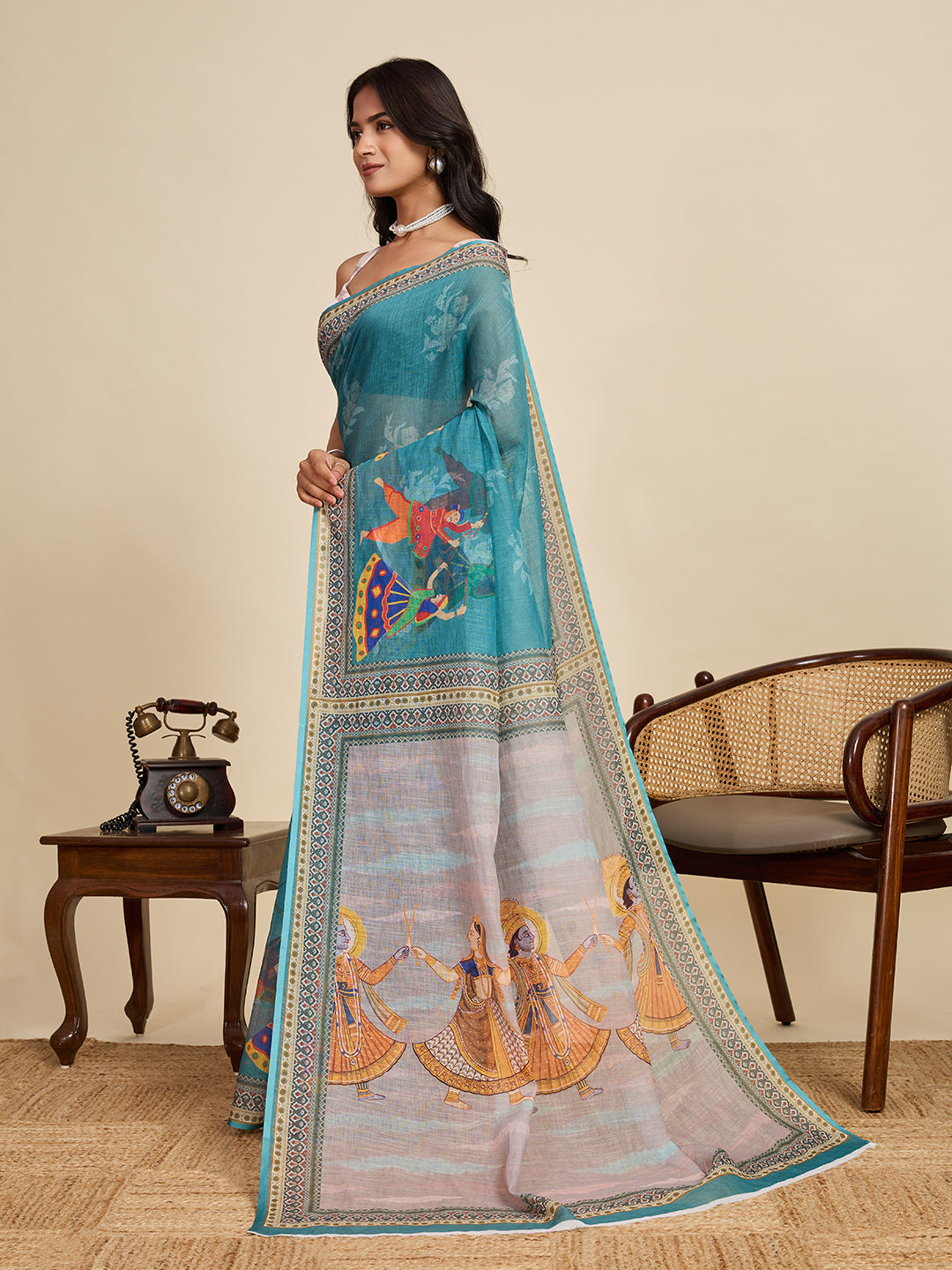 Serene Blue Linen Saree | Digital Print with Woven Jari Border