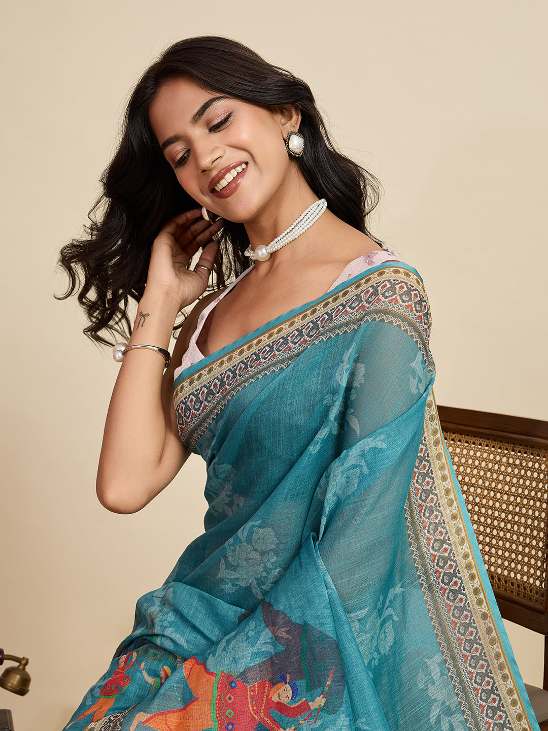 Serene Blue Linen Saree | Digital Print with Woven Jari Border