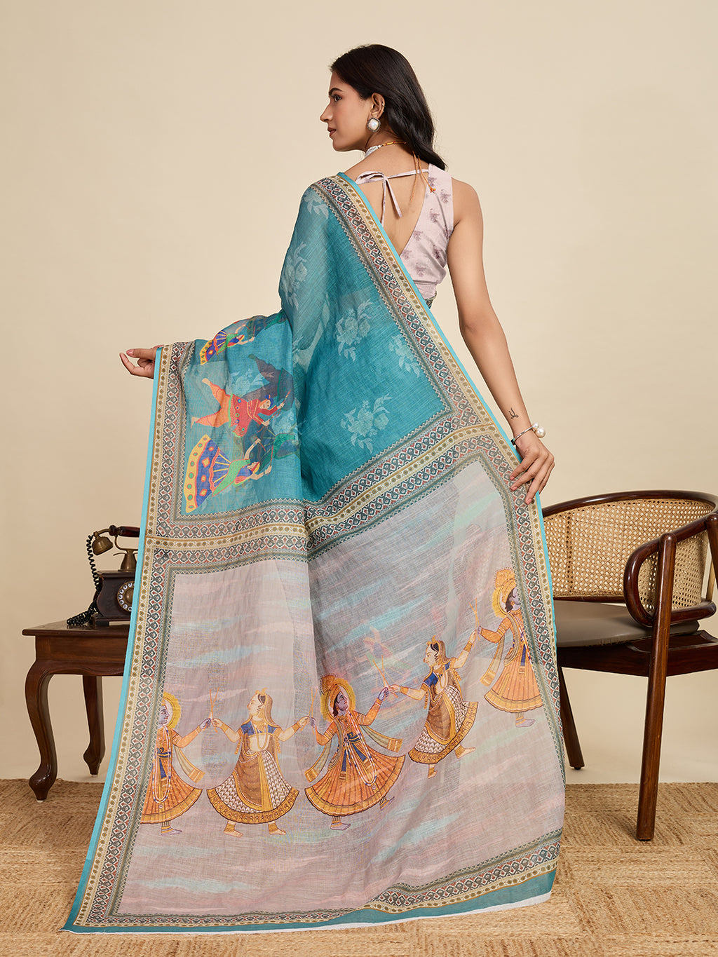 Pure Off White Linen Saree | Woven Border & Digital Print Grace