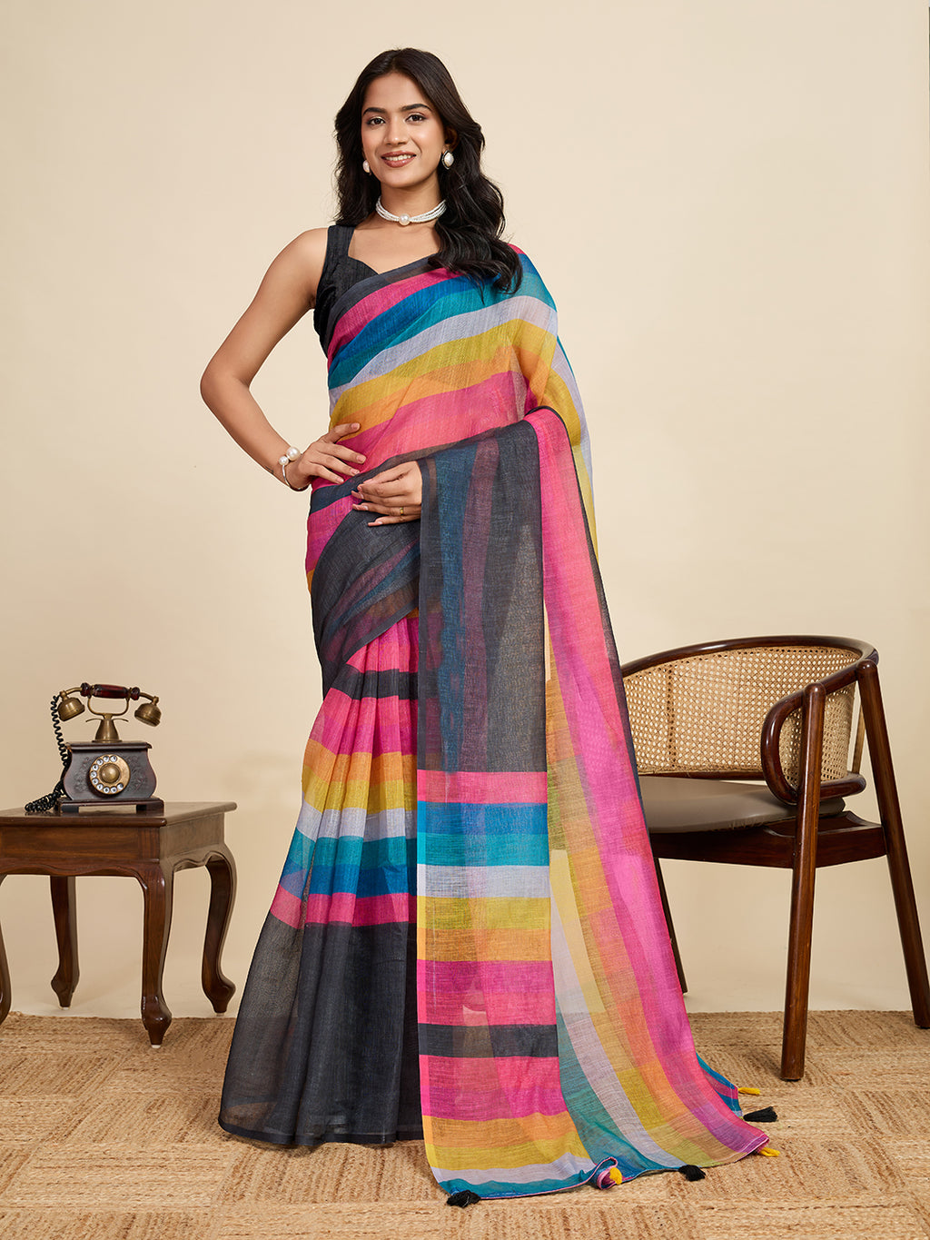 Vibrant Multi-Color Linen Saree | Black Blouse & Woven Border Design