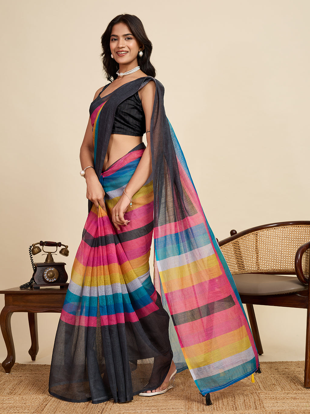 Vibrant Multi-Color Linen Saree | Black Blouse & Woven Border Design