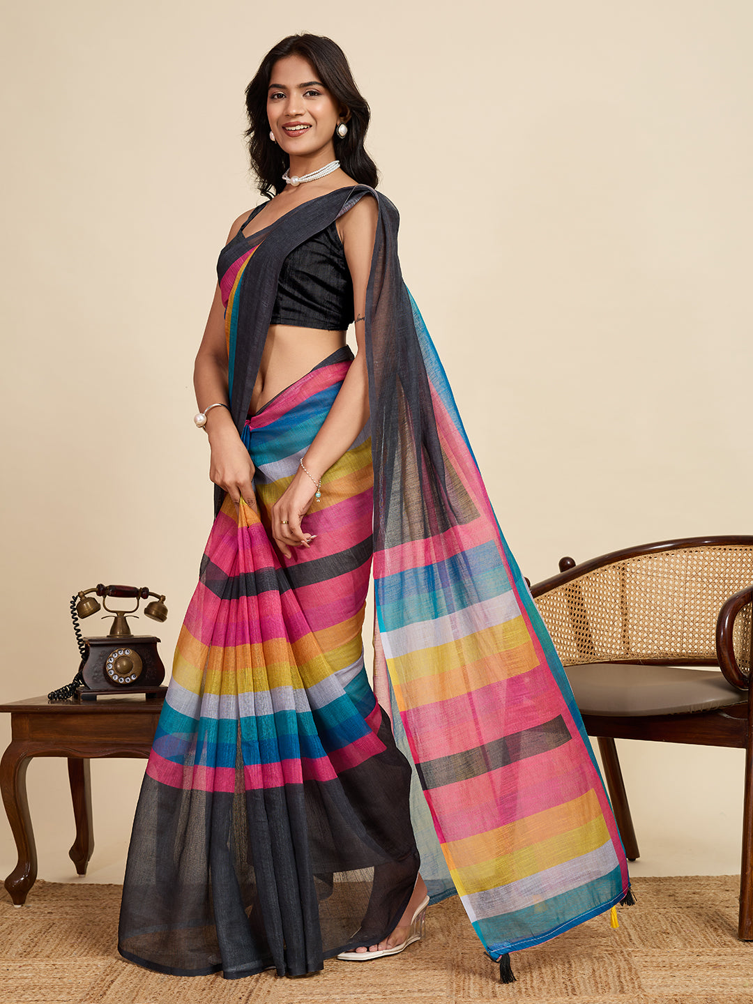 Vibrant Multi-Color Linen Saree | Black Blouse & Woven Border Design