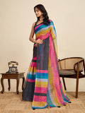Vibrant Multi-Color Linen Saree | Black Blouse & Woven Border Design