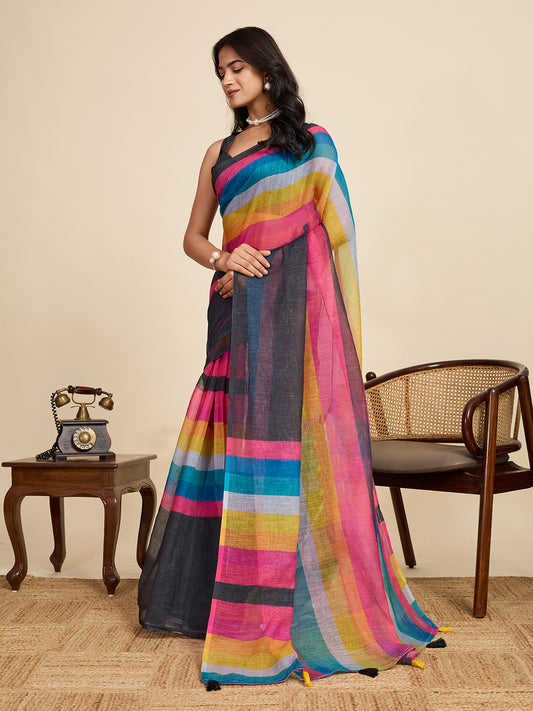 Vibrant Multi-Color Linen Saree | Black Blouse & Woven Border Design