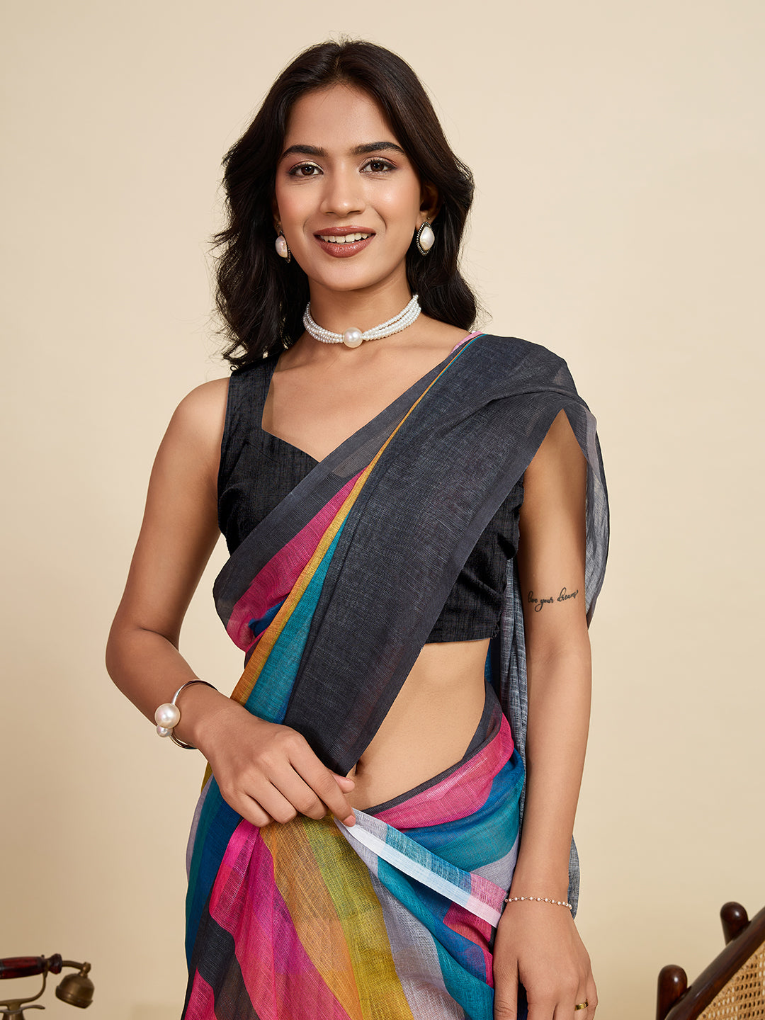 Vibrant Multi-Color Linen Saree | Black Blouse & Woven Border Design