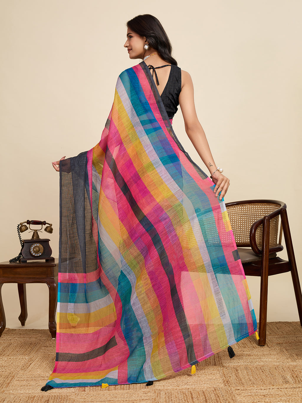 Vibrant Multi-Color Linen Saree | Black Blouse & Woven Border Design