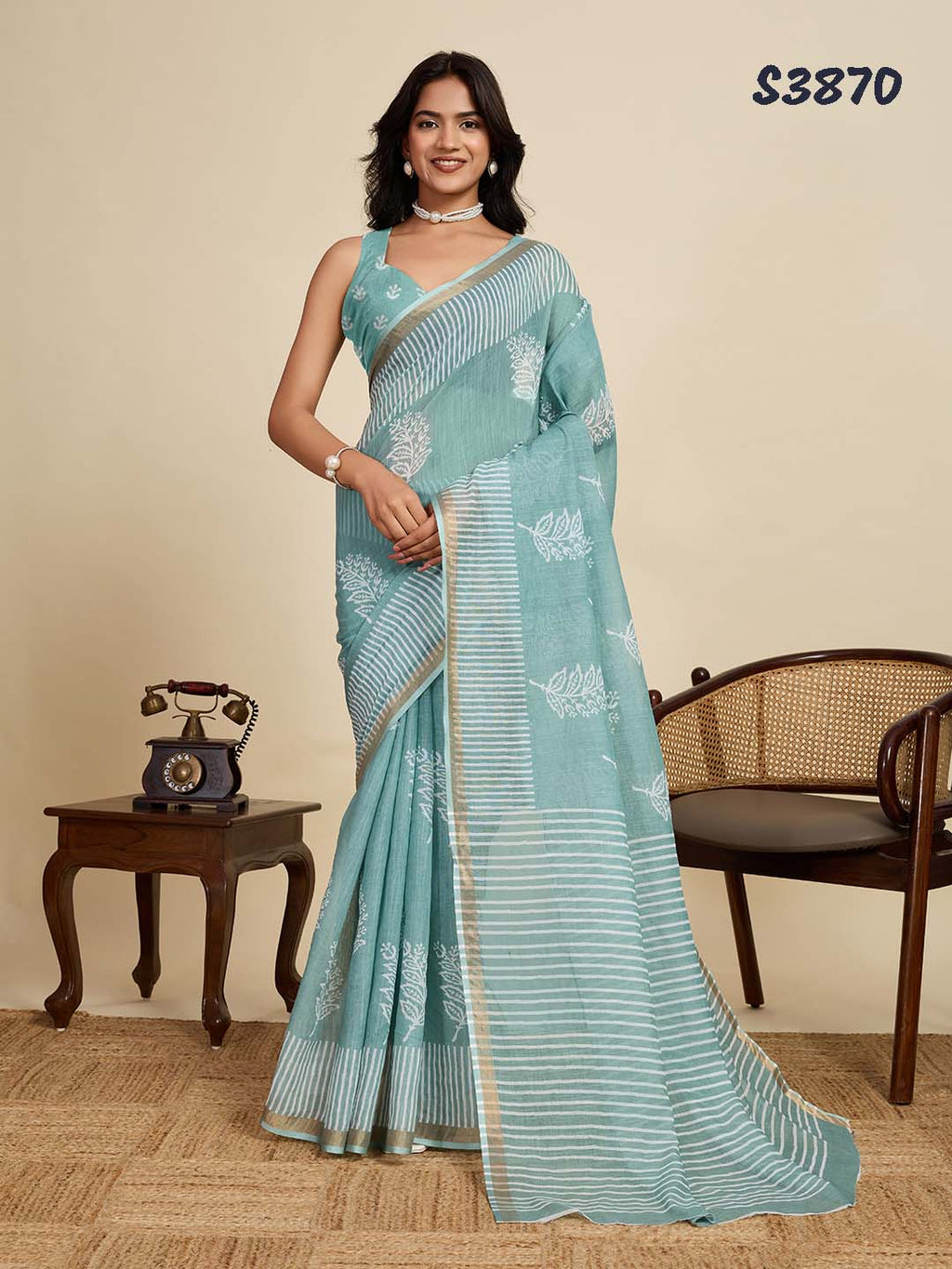 Emerald Sky Linen Party Wear Saree | Woven Border & Digital Printed Design