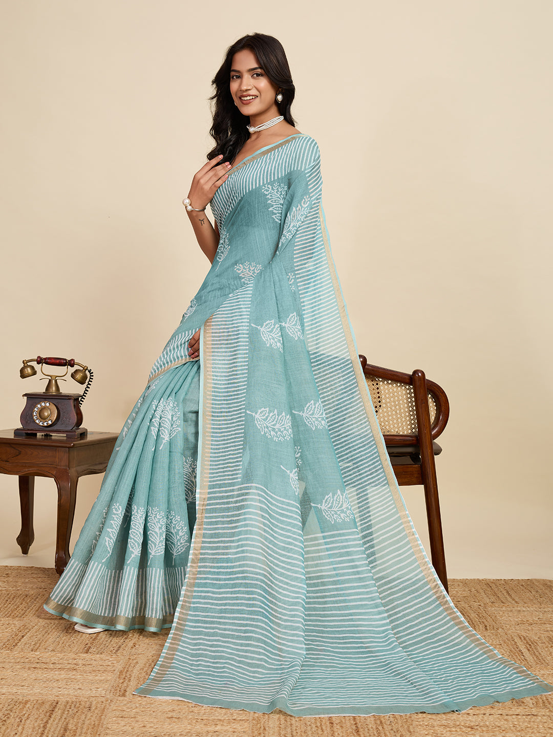 Emerald Sky Linen Party Wear Saree | Woven Border & Digital Printed Design
