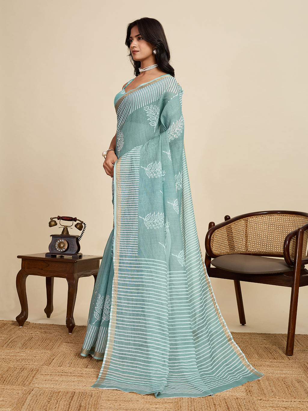 Emerald Sky Linen Party Wear Saree | Woven Border & Digital Printed Design