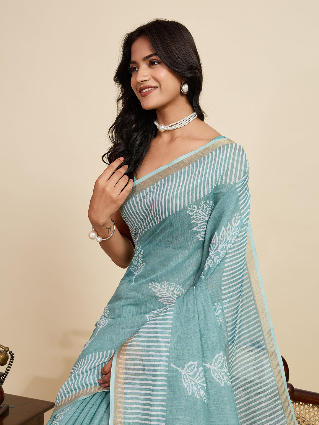 Emerald Sky Linen Party Wear Saree | Woven Border & Digital Printed Design
