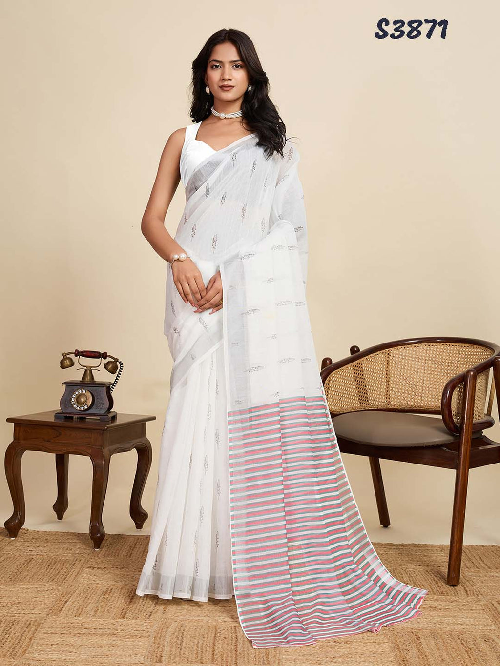 Pure Off White Linen Party Wear Saree | Woven Border & Digital Printed Design