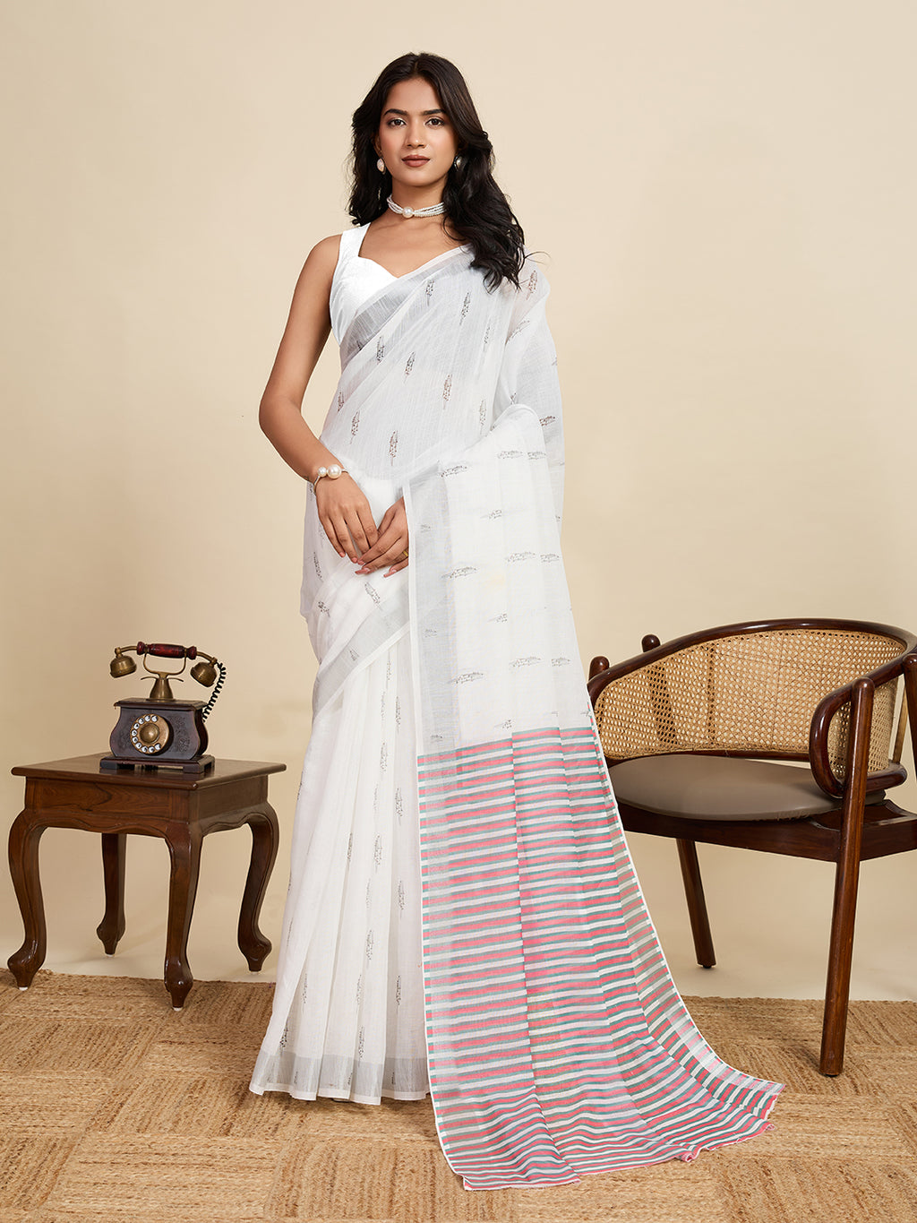 Pure Off White Linen Party Wear Saree | Woven Border & Digital Printed Design