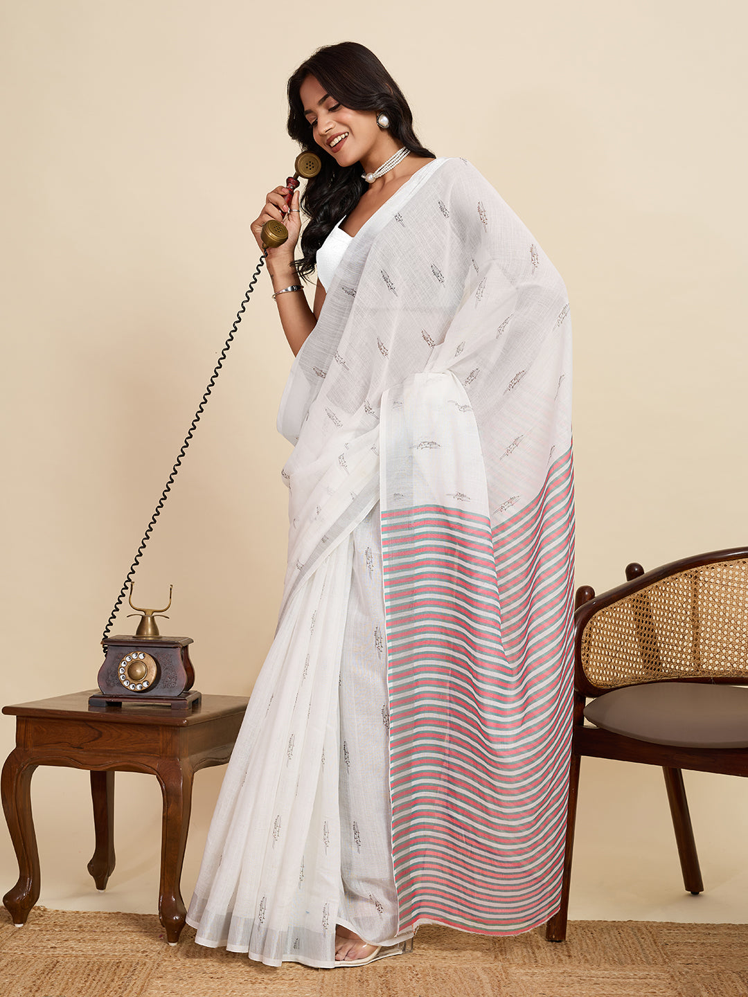Pure Off White Linen Party Wear Saree | Woven Border & Digital Printed Design