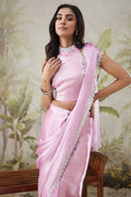 Elegant Pink Tissue Ready To Wear Saree | Swarovski Work & Lace Couture