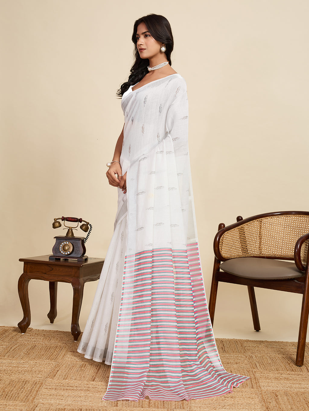 Pure Off White Linen Party Wear Saree | Woven Border & Digital Printed Design
