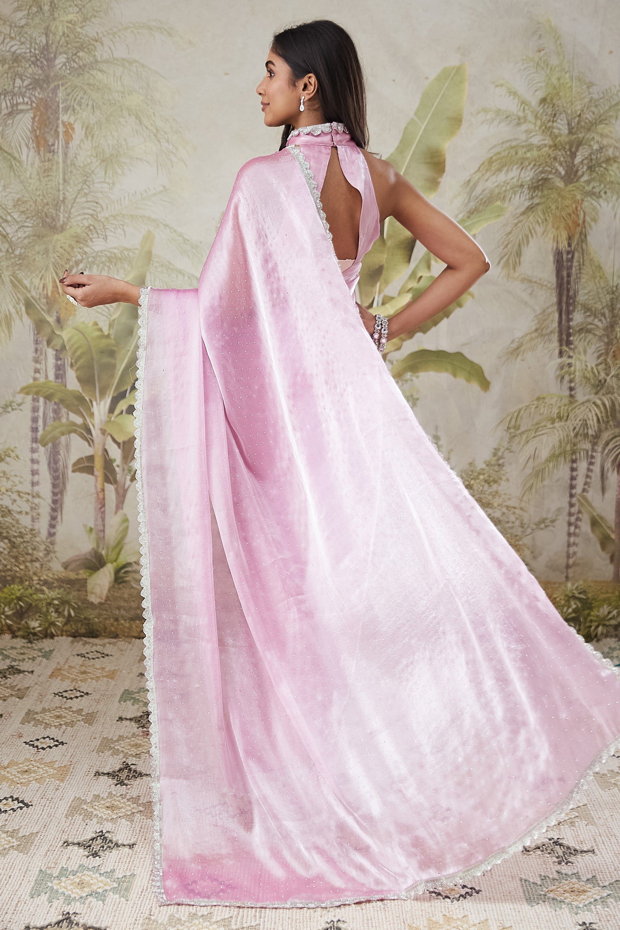 Elegant Pink Tissue Ready To Wear Saree | Swarovski Work & Lace Couture