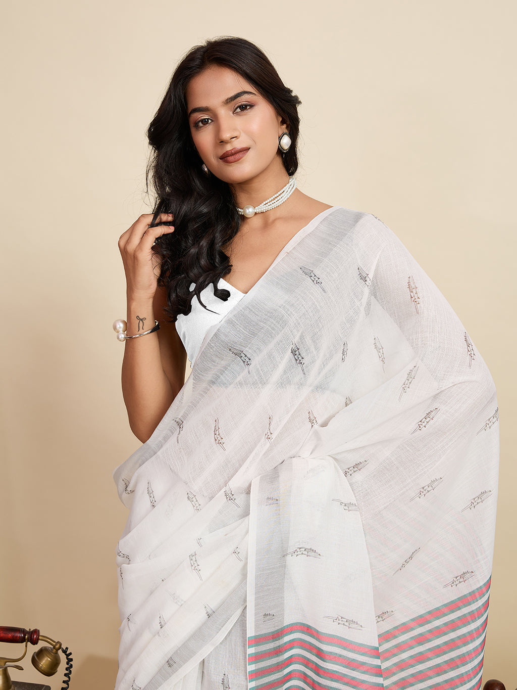 Pure Off White Linen Party Wear Saree | Woven Border & Digital Printed Design