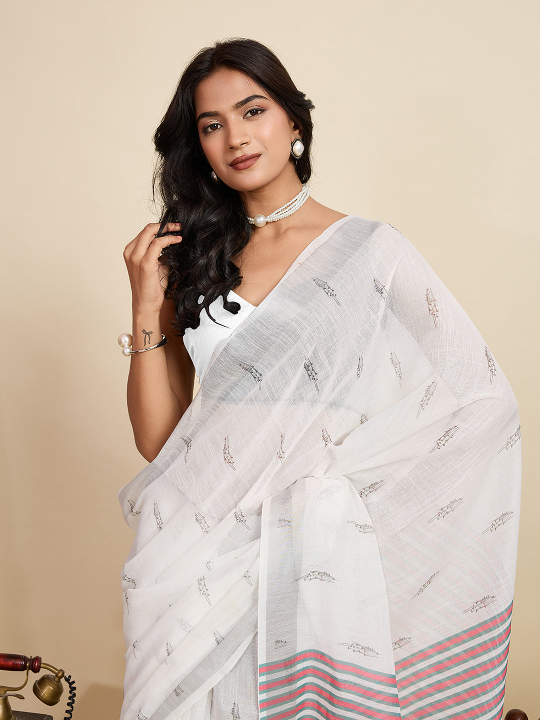 Pure Off White Linen Party Wear Saree | Woven Border & Digital Printed Design