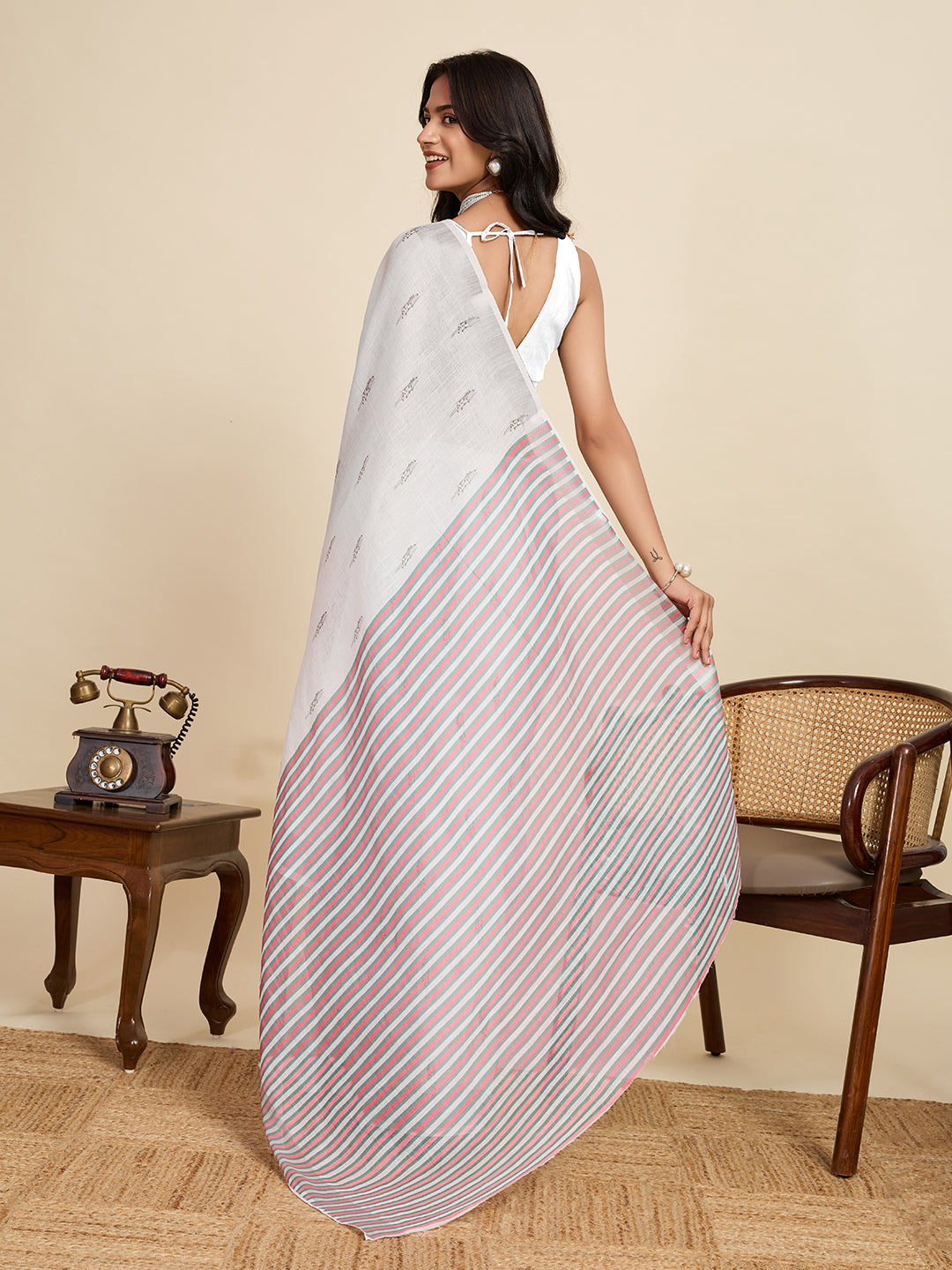 Pure Off White Linen Party Wear Saree | Woven Border & Digital Printed Design