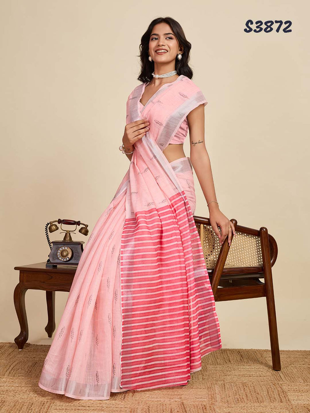 Pretty Pink Linen Party Wear Saree | Woven Border & Digital Printed Design