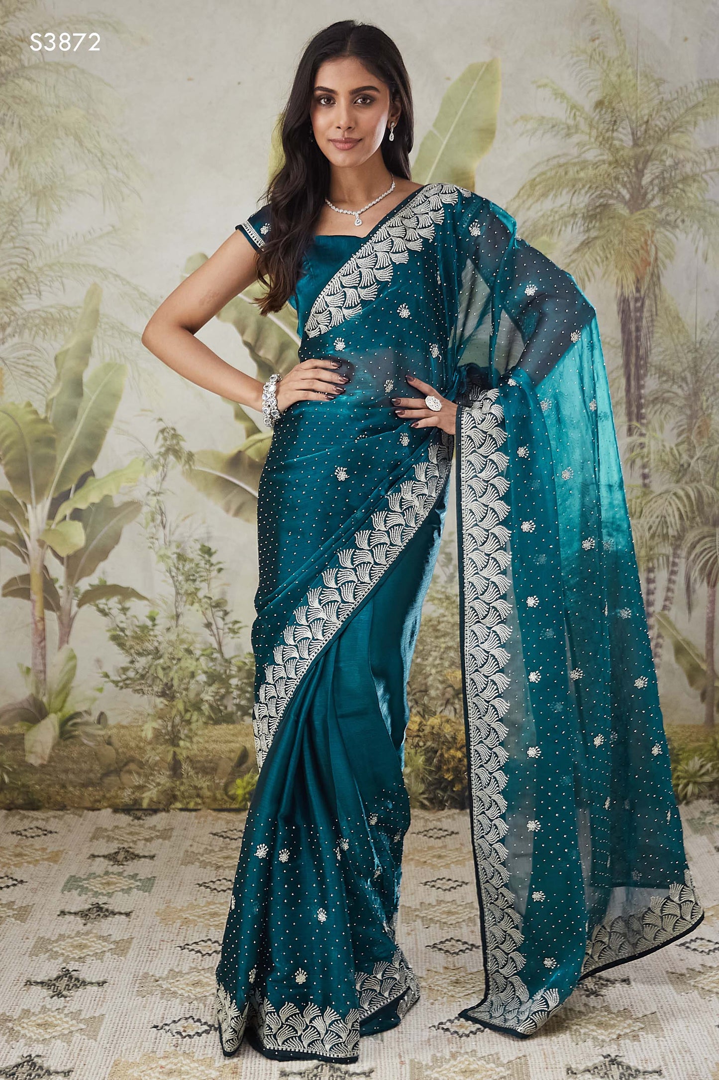 Earthy Rama Turkey Ready To Wear Saree | Embroidery & Swarovski Work Couture