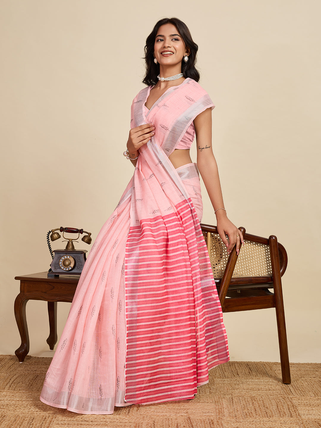 Pretty Pink Linen Party Wear Saree | Woven Border & Digital Printed Design