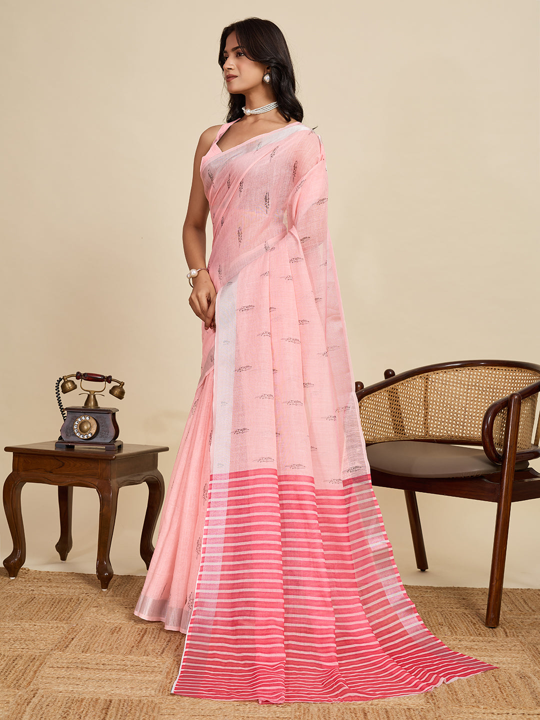 Pretty Pink Linen Party Wear Saree | Woven Border & Digital Printed Design
