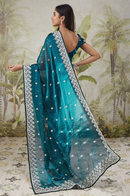 Earthy Rama Turkey Ready To Wear Saree | Embroidery & Swarovski Work Couture