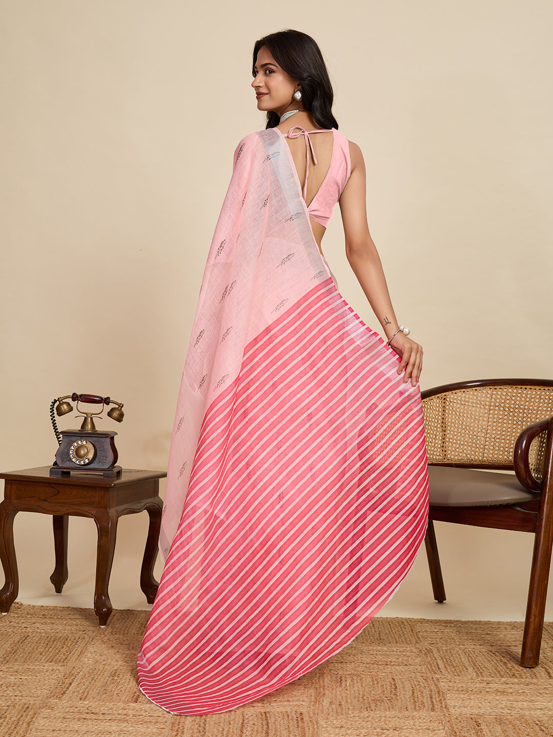 Pretty Pink Linen Party Wear Saree | Woven Border & Digital Printed Design