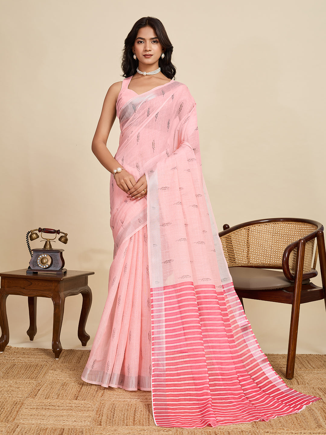 Pretty Pink Linen Party Wear Saree | Woven Border & Digital Printed Design