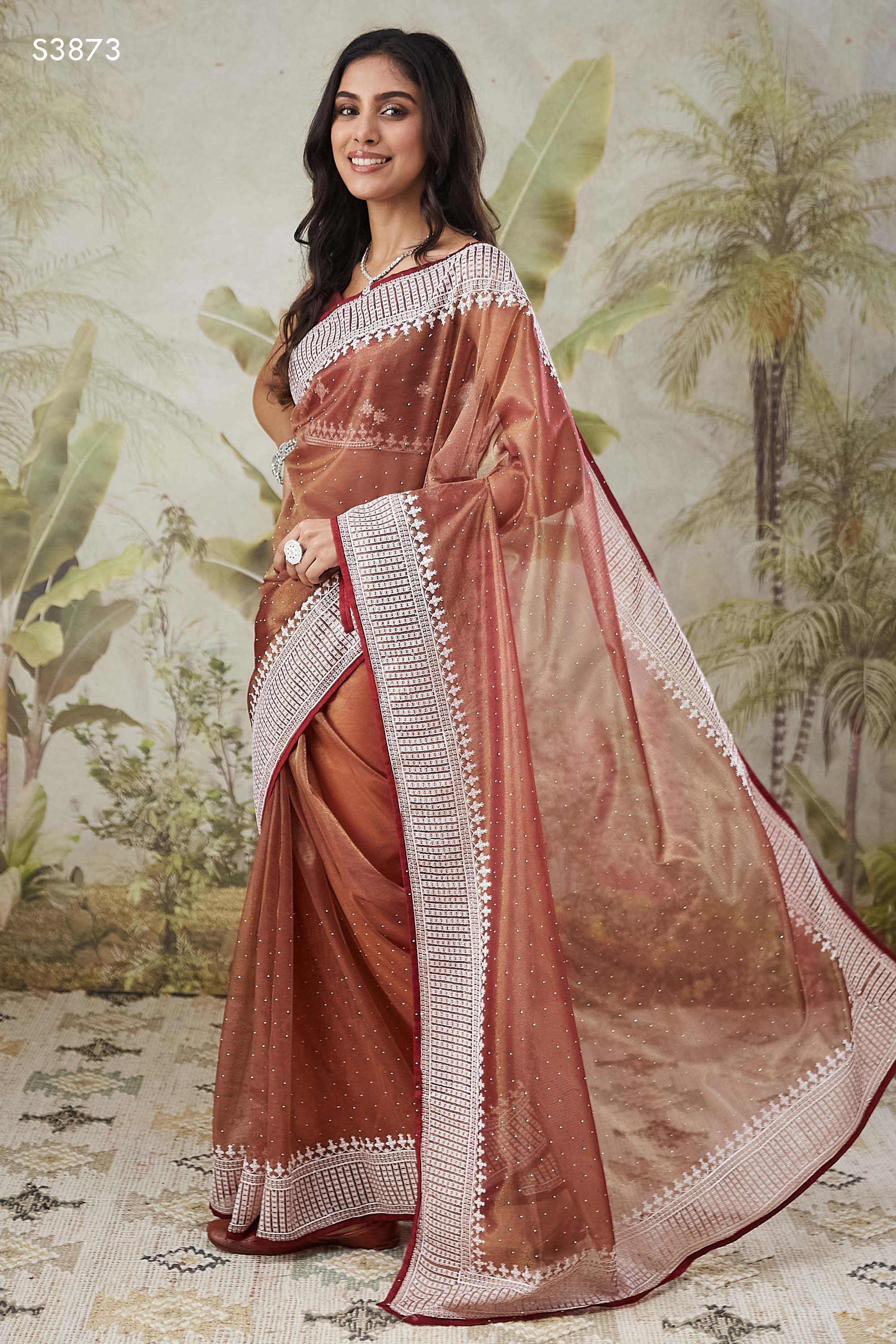 Rich Brown Turkey Ready To Wear Saree | Embroidery & Swarovski Work Couture