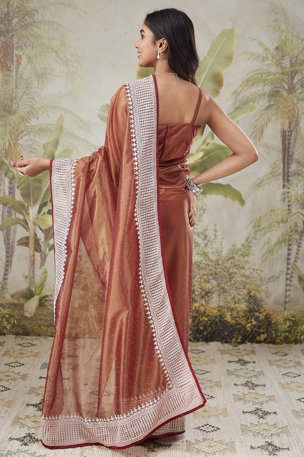 Rich Brown Turkey Ready To Wear Saree | Embroidery & Swarovski Work Couture