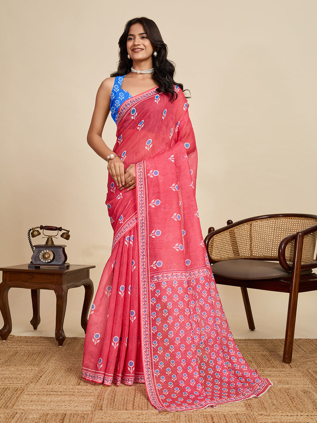 Royal Red & Blue Linen Party Wear Saree | Woven Border & Digital Printed Design