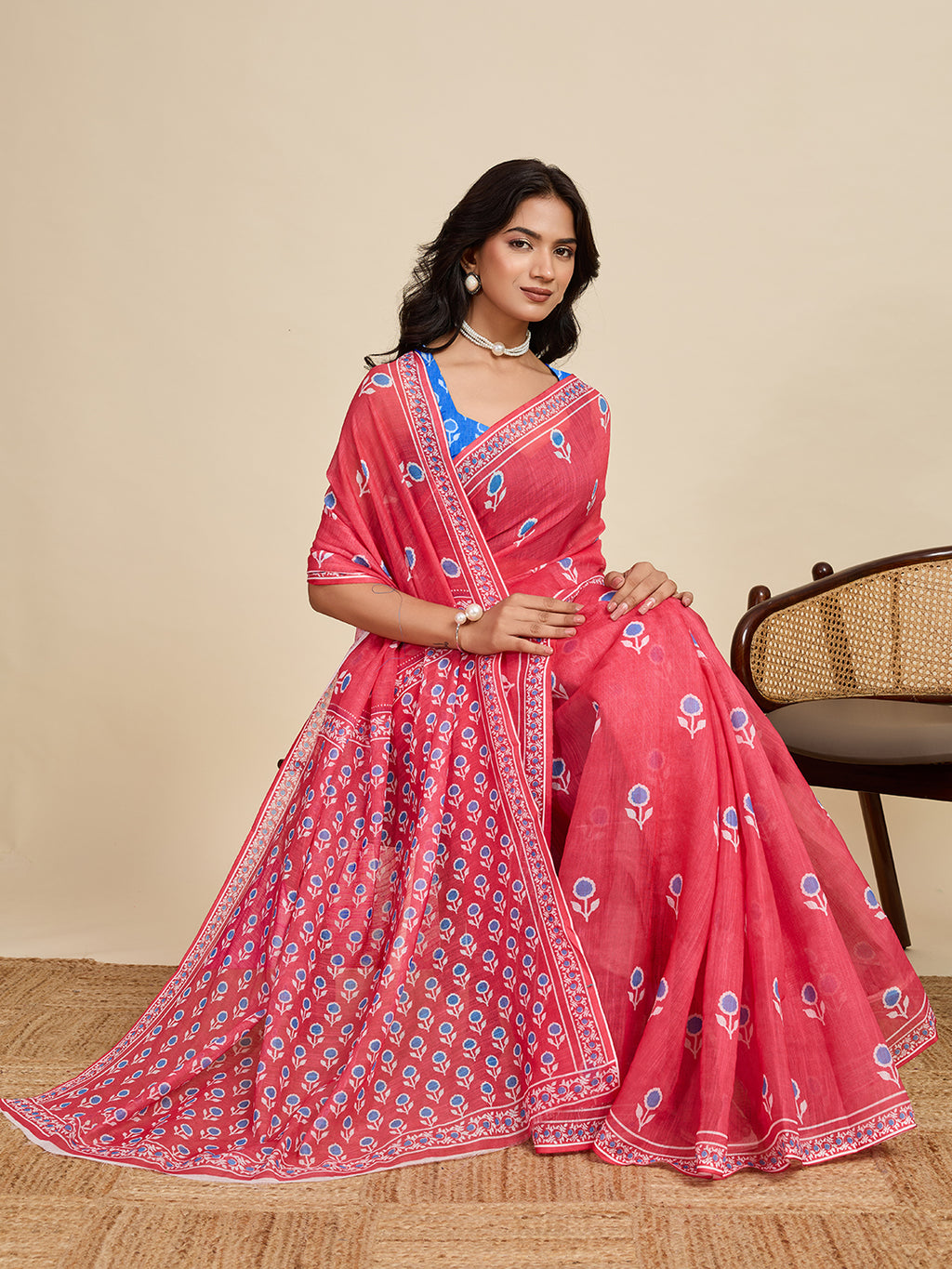 Royal Red & Blue Linen Party Wear Saree | Woven Border & Digital Printed Design
