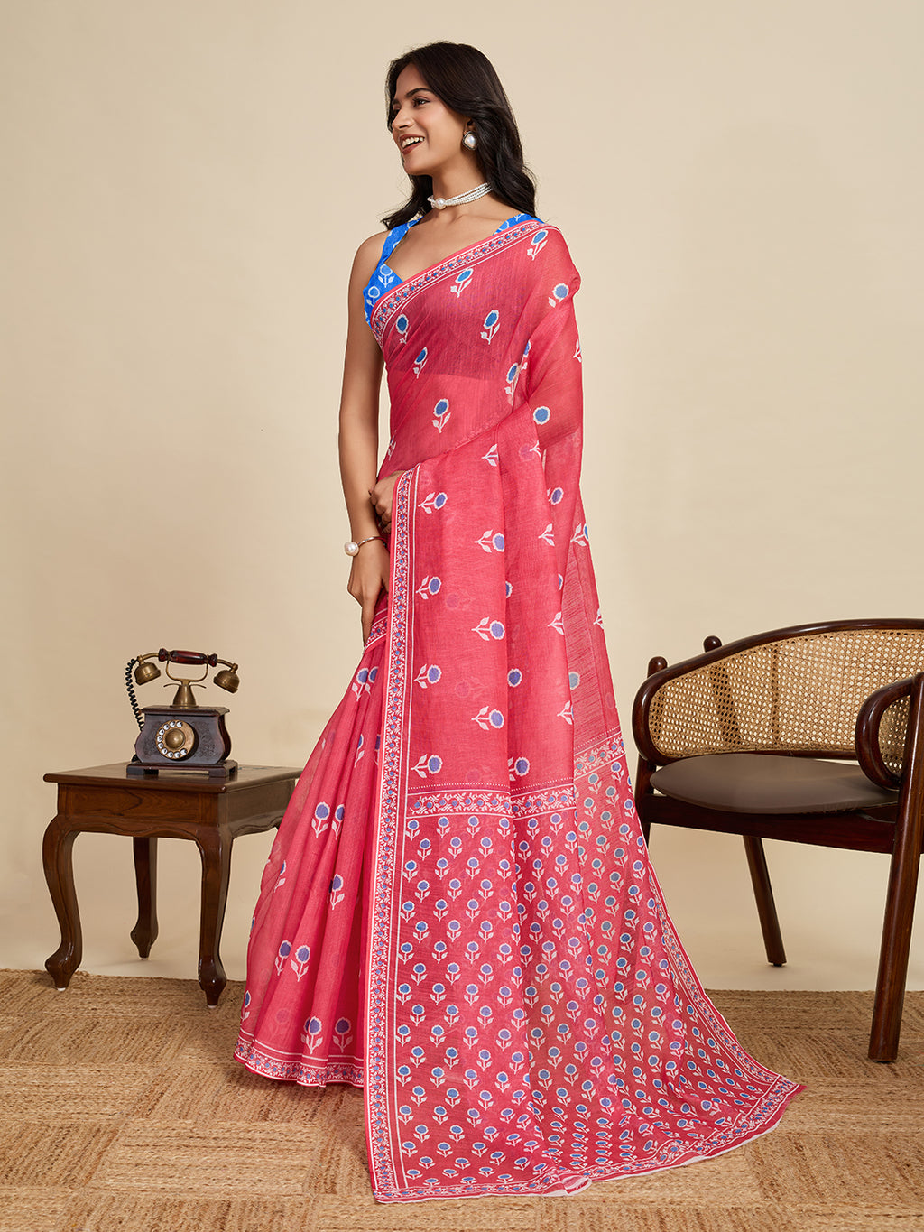 Royal Red & Blue Linen Party Wear Saree | Woven Border & Digital Printed Design