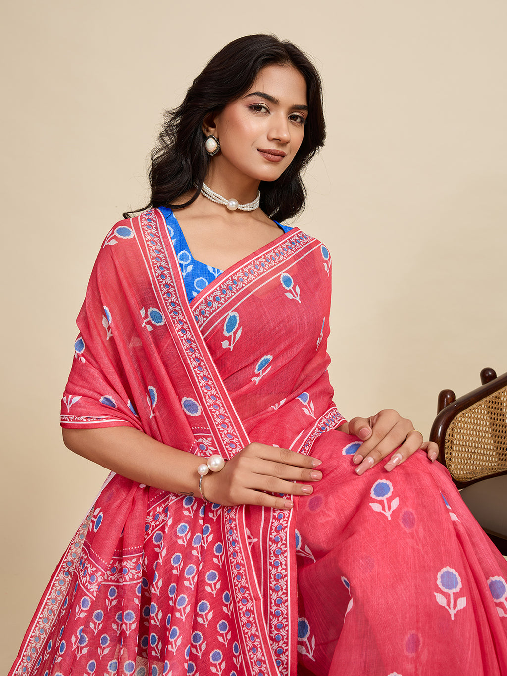 Royal Red & Blue Linen Party Wear Saree | Woven Border & Digital Printed Design