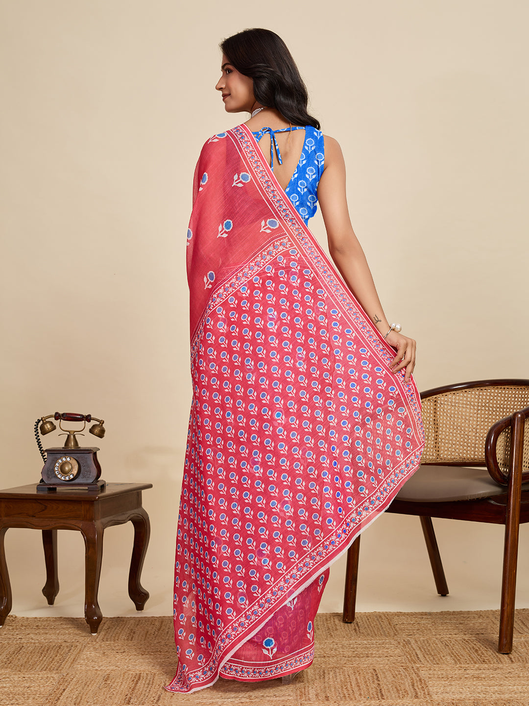Royal Red & Blue Linen Party Wear Saree | Woven Border & Digital Printed Design
