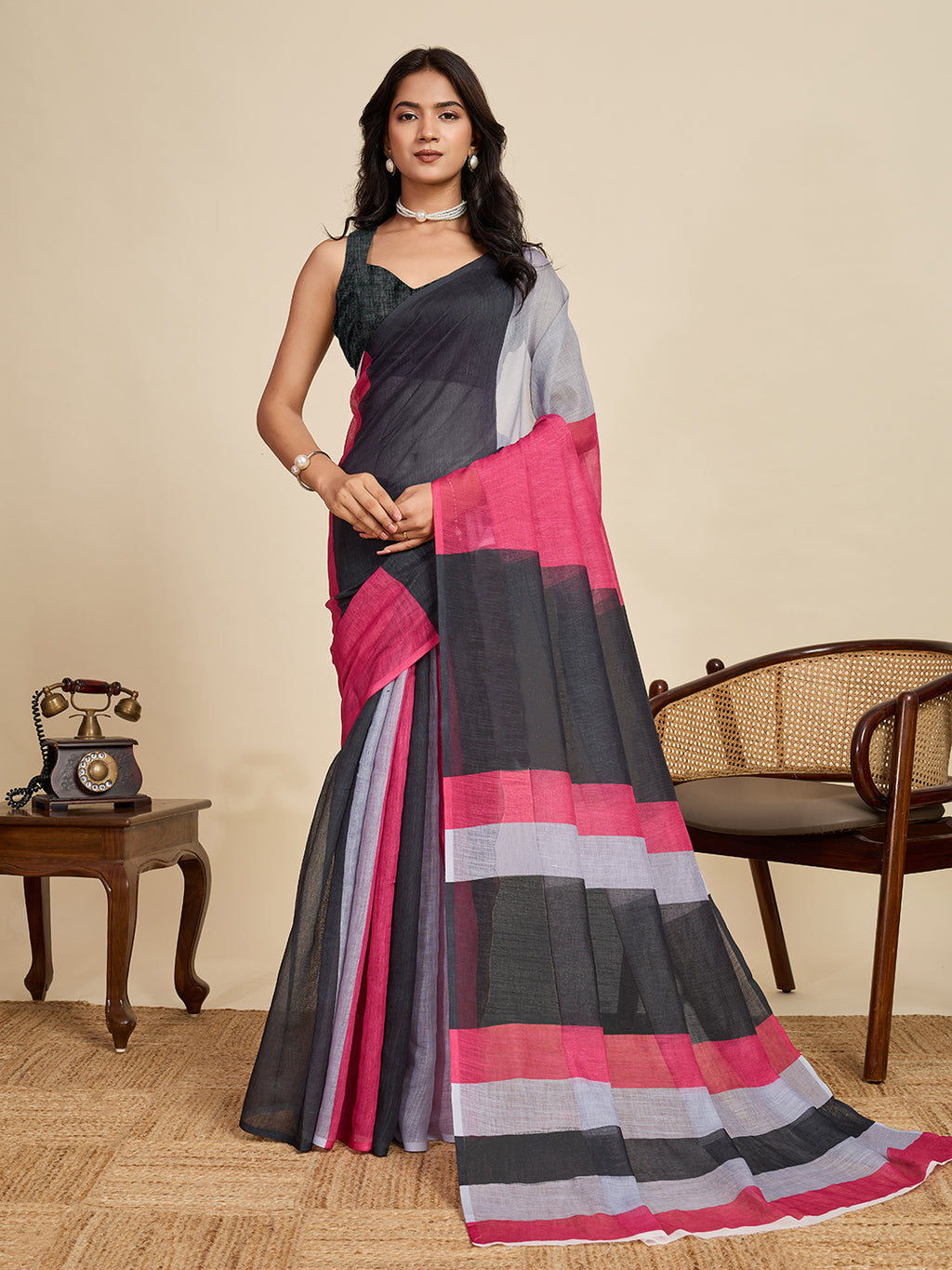 Classic Black Linen Party Wear Saree | Woven Border & Digital Printed Design