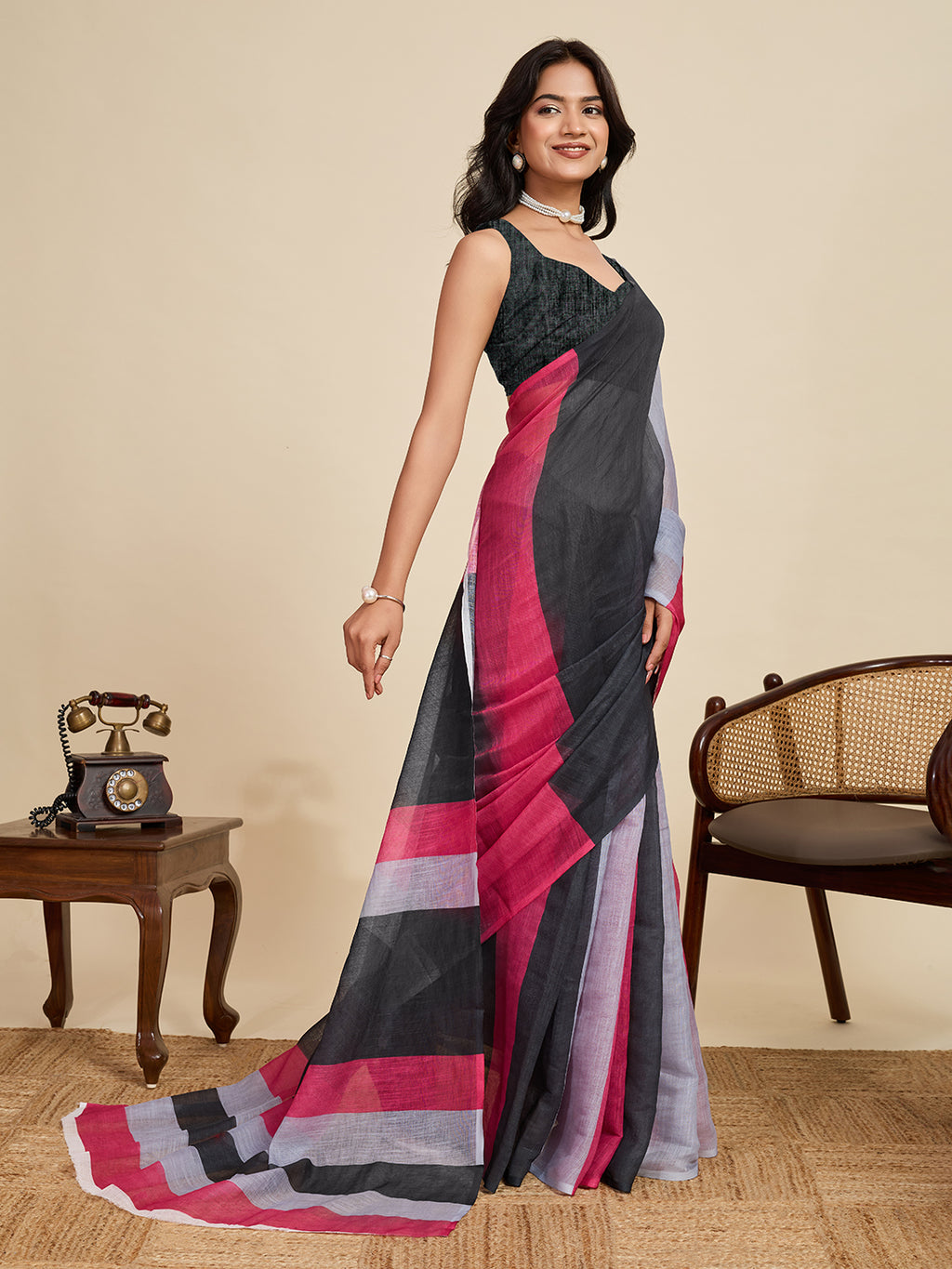 Classic Black Linen Party Wear Saree | Woven Border & Digital Printed Design