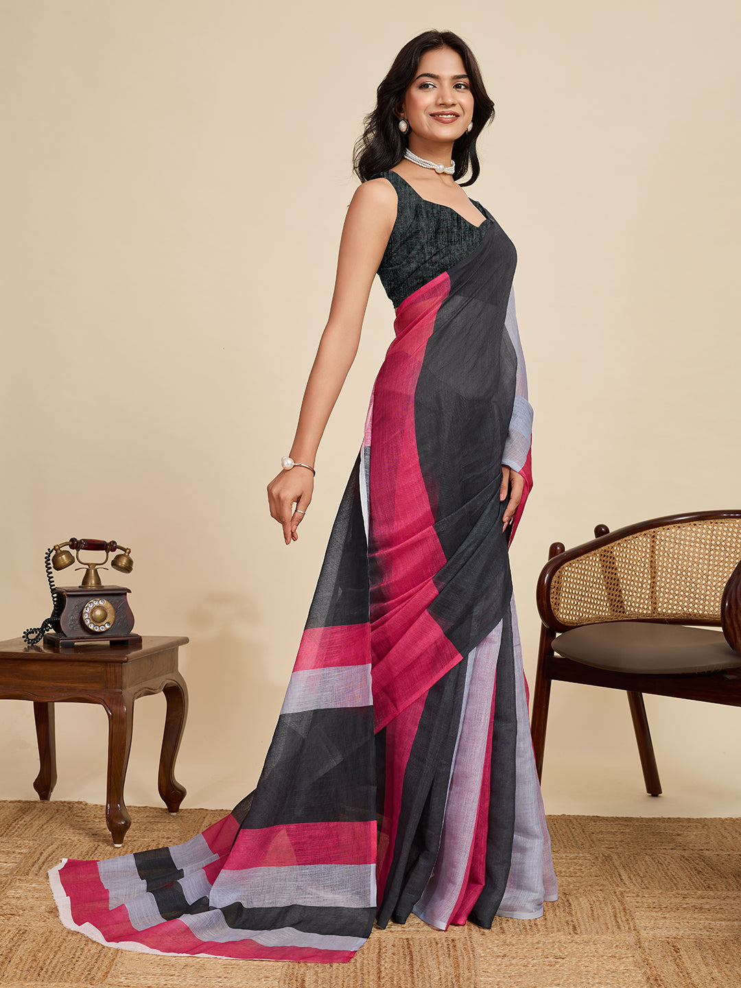 Classic Black Linen Party Wear Saree | Woven Border & Digital Printed Design