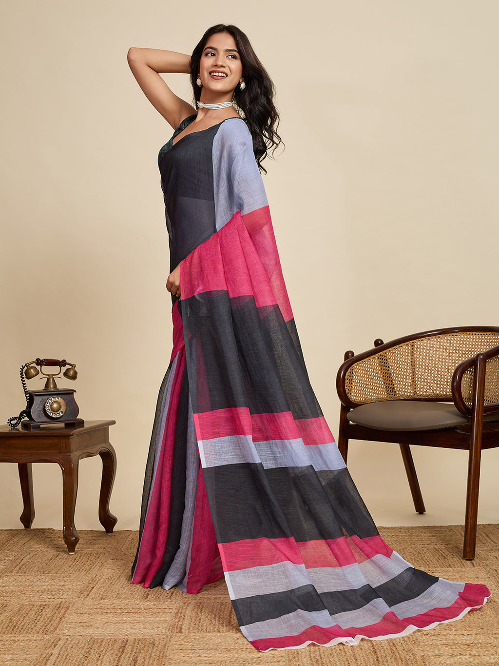 Classic Black Linen Party Wear Saree | Woven Border & Digital Printed Design