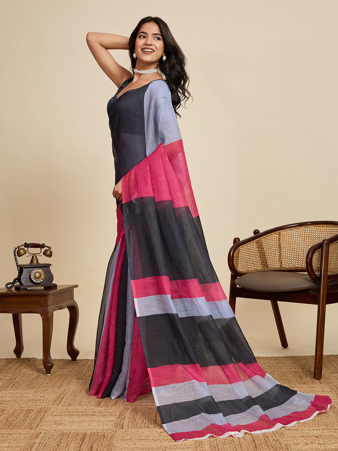 Classic Black Linen Party Wear Saree | Woven Border & Digital Printed Design