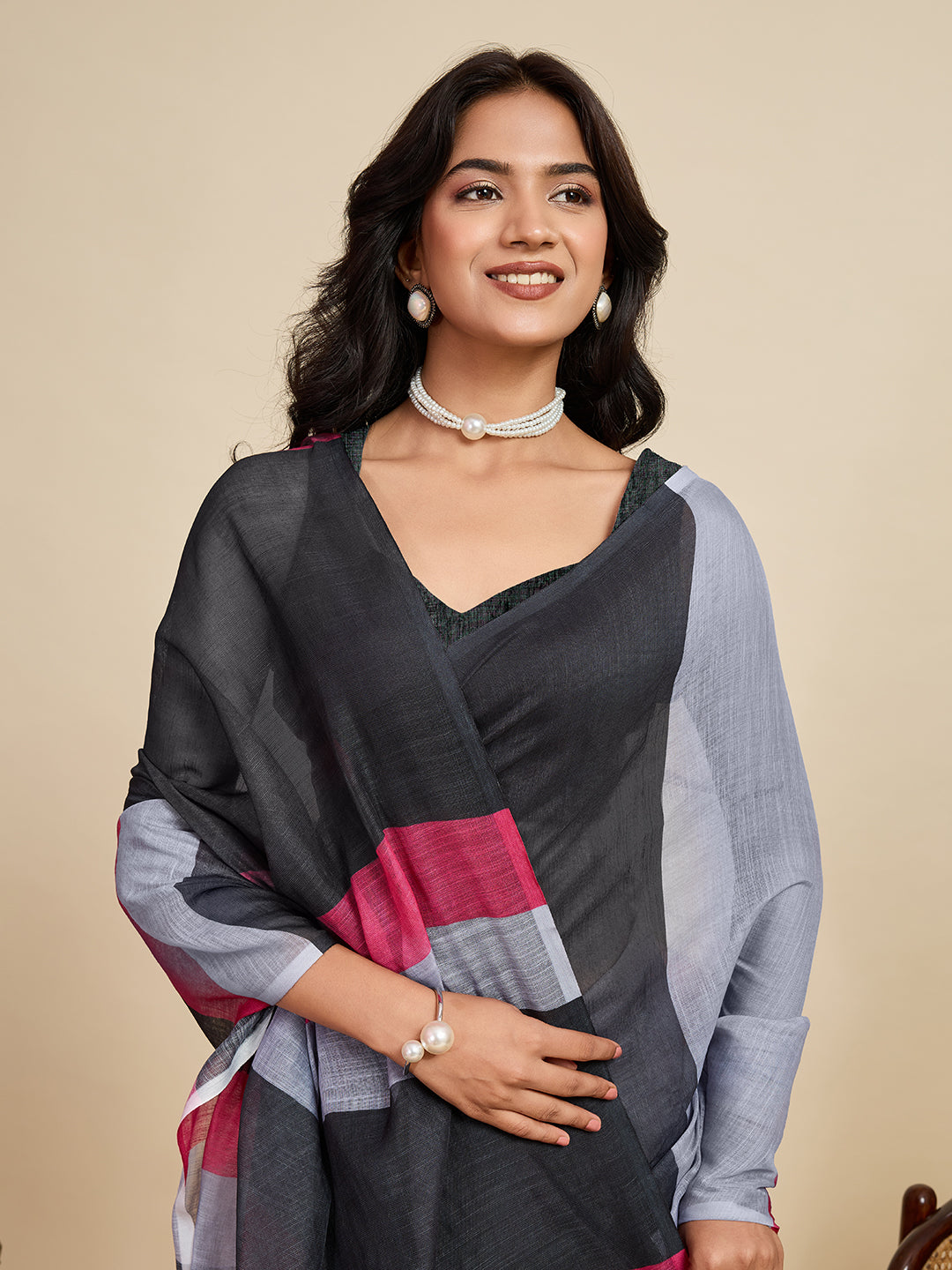 Classic Black Linen Party Wear Saree | Woven Border & Digital Printed Design