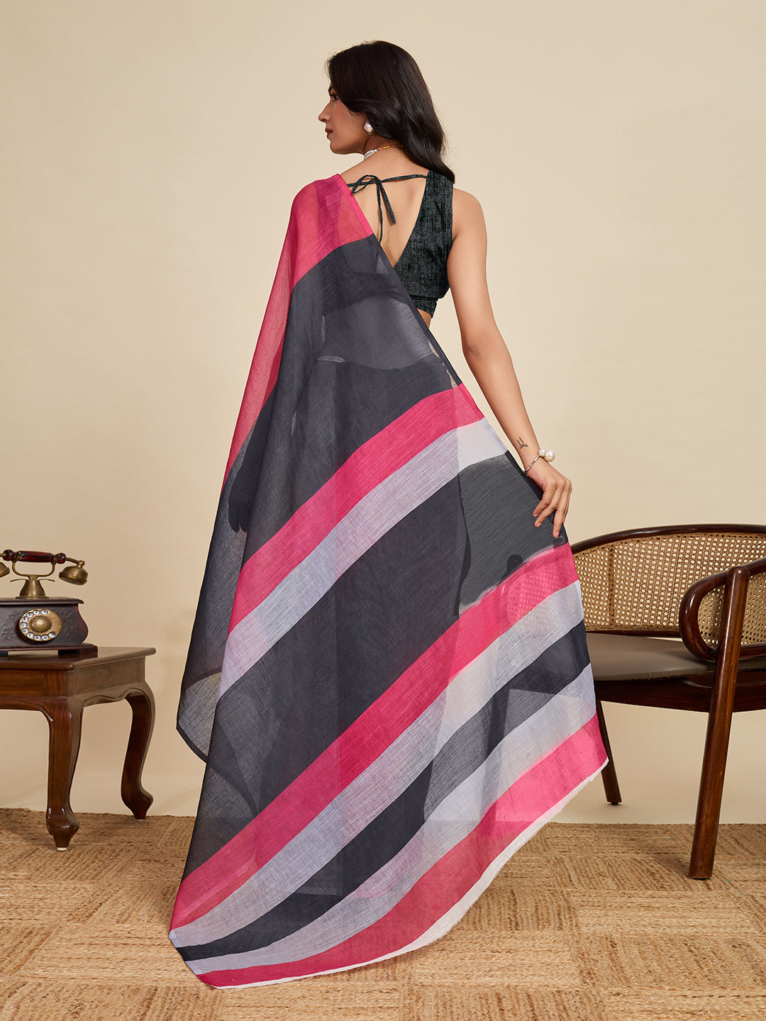 Classic Black Linen Party Wear Saree | Woven Border & Digital Printed Design