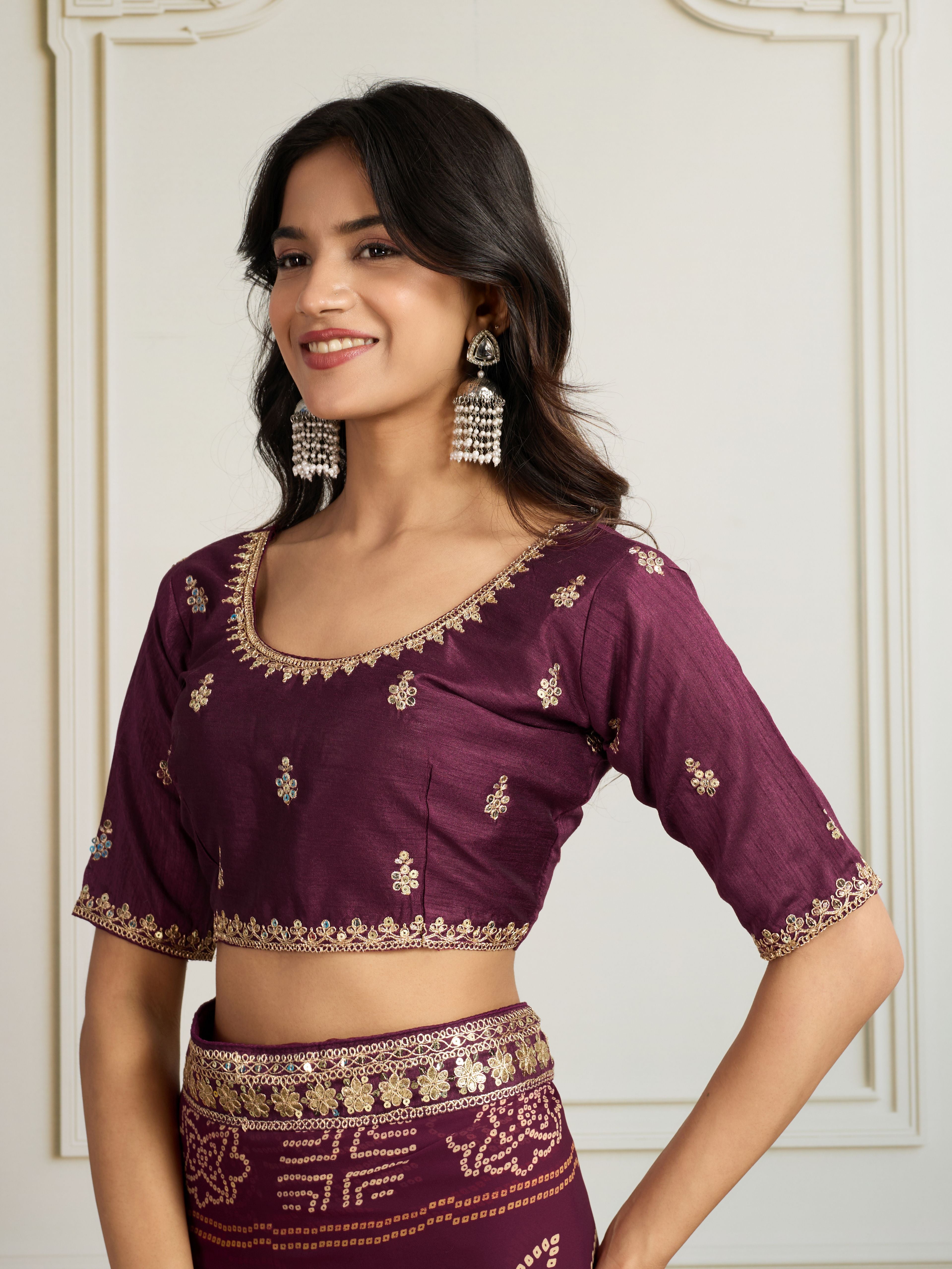 Wine Georgette Bandhani Print Party Wear Saree | Embroidered Lace Border & Art Silk Blouse